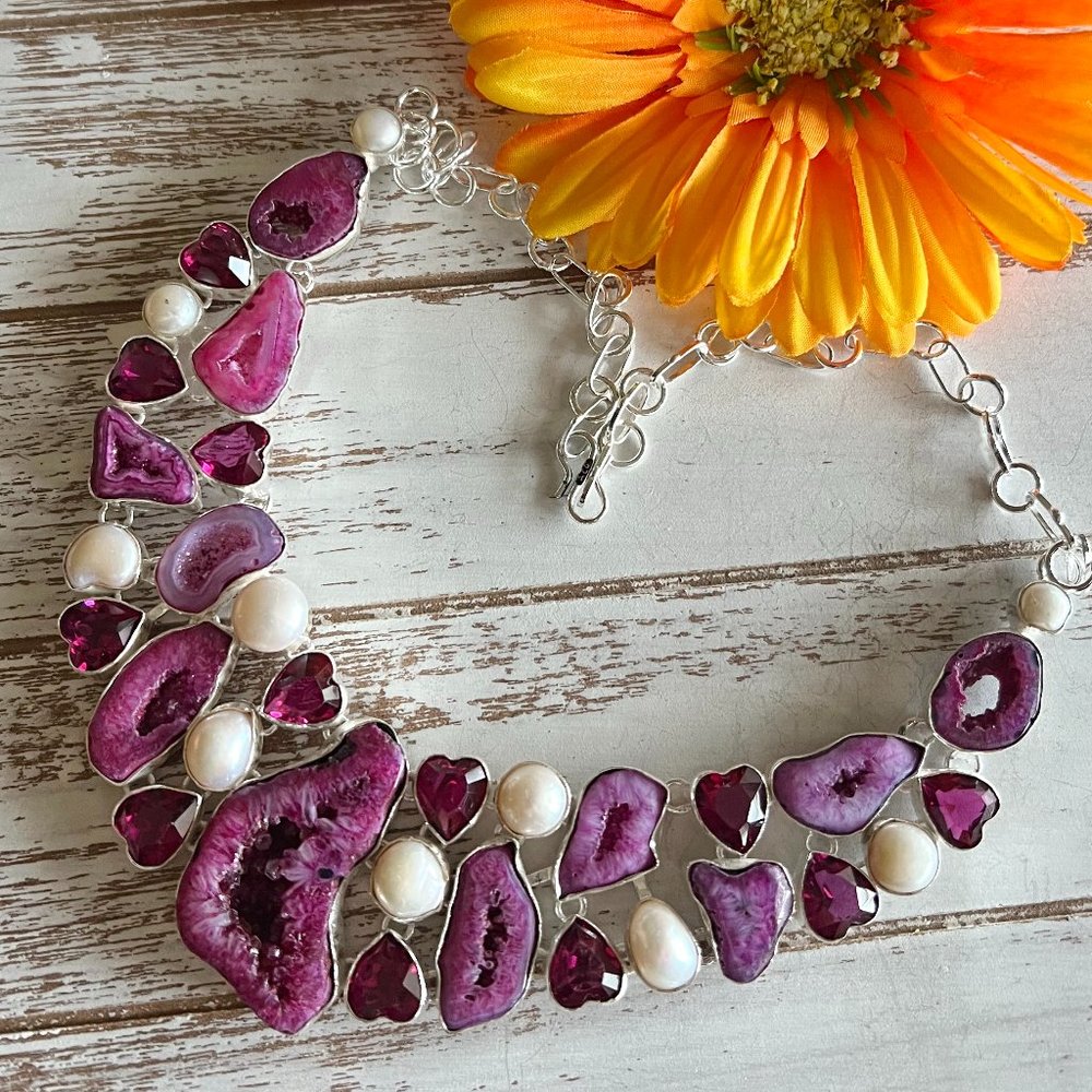 Solar Agate Pearl Heart Necklace Handmade Stone Gemstone 925 Silver Large Ethnic - Picture 7 of 15
